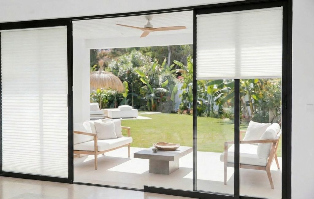 Nowoczesne przeszklone okna przesuwne prowadzące na taras z widokiem na ogród. Na oknie zamontowana jest roleta plisowana. W tle widać meble ogrodowe oraz roślinność. Wnętrze jest jasne i przestronne, z naturalnym światłem wpadającym przez okna.