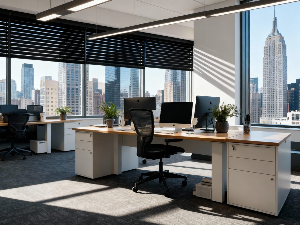 Nowoczesna, jasna przestrzeń biurowa z dużymi przeszklonymi oknami wychodzącymi na panoramę miasta; nad biurkami zamontowane są żaluzje wewnętrzne w ciemnym kolorze, które ograniczają nasłonecznienie i poprawiają komfort pracy przy komputerach.