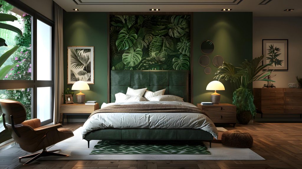 Sypialnia w odcieniach zieleni inspirowanych naturą. Centralnie stoi łóżko z zielonym zagłówkiem i jasną pościelą, za nim tapeta z motywem liści. Po bokach drewniane szafki nocne z lampami, wokół rośliny, drewniana podłoga i duże okno wpuszczające naturalne światło.