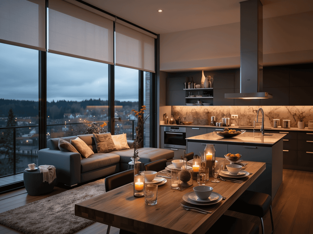 Rolety do salonu z aneksem kuchennym w nowoczesnym apartamencie z dużymi oknami, sofą i stołem.
