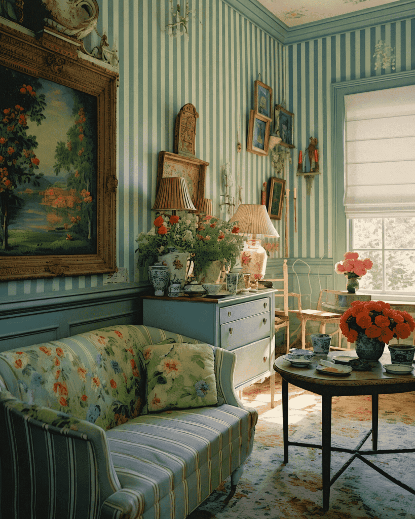 Salon vintage w pastelowych kolorach z kwiecistą sofą, obrazami, porcelaną i białą roletą rzymską.