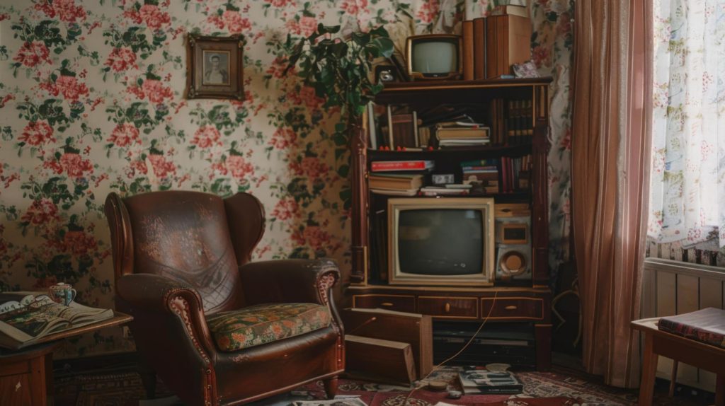Salon vintage z kwiecistą tapetą, skórzanym fotelem, drewnianą meblościanką i starym telewizorem.