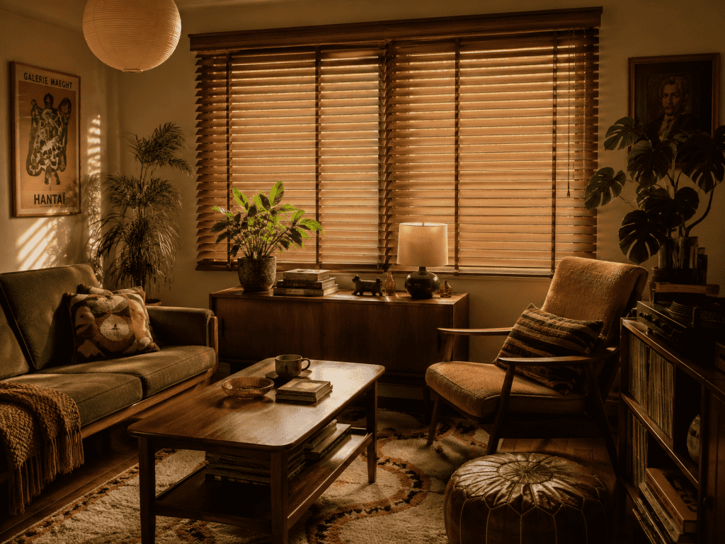 Salon vintage z drewnianymi żaluzjami, zieloną sofą, fotelem, stolikiem kawowym i meblami z ciemnego drewna.