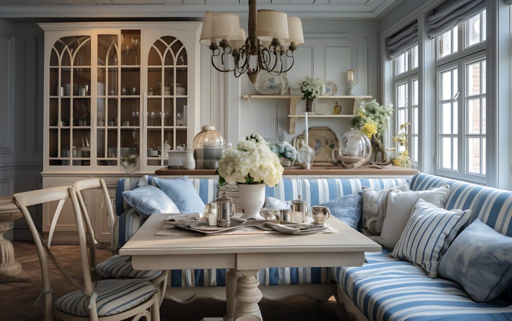 Jasna jadalnia w stylu klasycznym z niebiesko-białą sofą w pasy i drewnianym stołem. Przy oknach widoczne rolety rzymskie w jasnym kolorze. Wnętrze uzupełniają przeszklona witryna, kwiatowe dekoracje i stonowana kolorystyka.