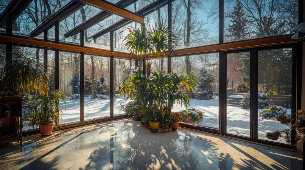 Przeszklony ogród zimowy z dużymi oknami bez rolet zewnętrznych. Wewnątrz stoją liczne zielone rośliny w donicach. Przez szyby widać ośnieżony ogród z drzewami.
