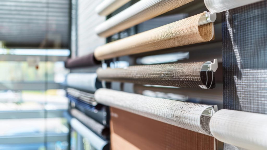 Zbliżenie na rolety materiałowe w różnych kolorach i fakturach, ułożone na ekspozycji w salonie sprzedaży. Widoczne mechanizmy i tkaniny przeznaczone do naprawy i wymiany – serwis rolet Rzeszów.