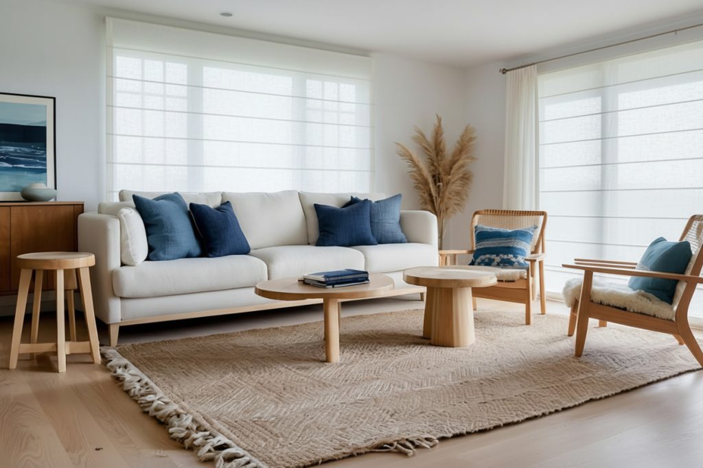 Przestronny salon w stylu Hampton z jasną sofą, drewnianymi meblami i niebieskimi poduszkami. Na dużych oknach zamontowane rolety rzymskie w jasnym kolorze, połączone z lekkimi zasłonami.