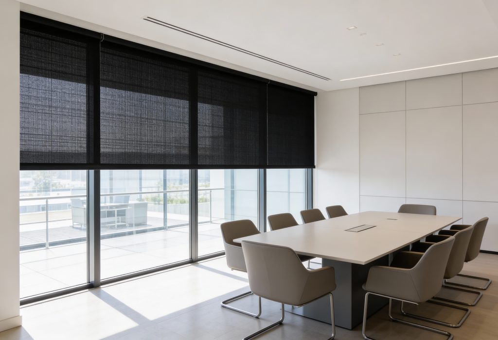 Sala konferencyjna z dużym stołem i krzesłami, przy przeszklonej ścianie widoczne rolety screen.