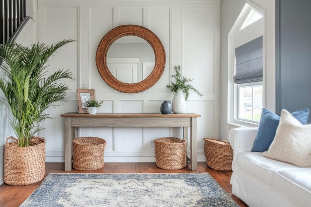 Jasny przedpokój w stylu Hampton z drewnianą konsolą, okrągłym lustrem i wiklinowymi koszami. Przy bocznym oknie widoczna jasna roleta rzymska, dopasowana kolorystycznie do wnętrza.