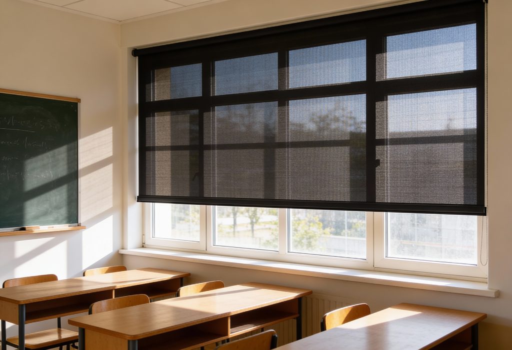 Sala lekcyjna z ławkami i tablicą, przy oknach zamontowane czarne rolety screen częściowo opuszczone.