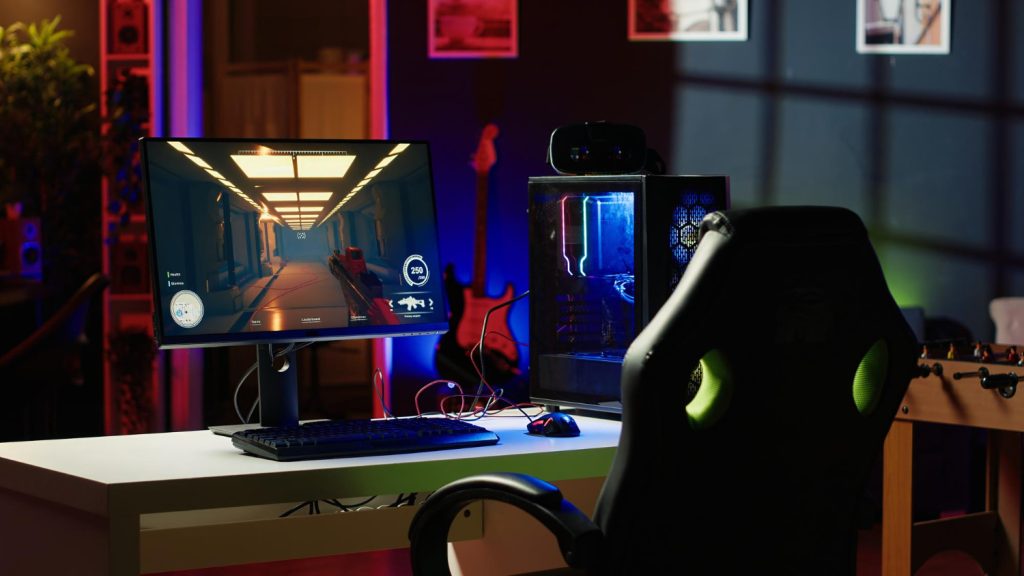 Nowoczesny pokój gamingowy - rolety lub żaluzje pozwalają zaciemnić jego wnętrze.