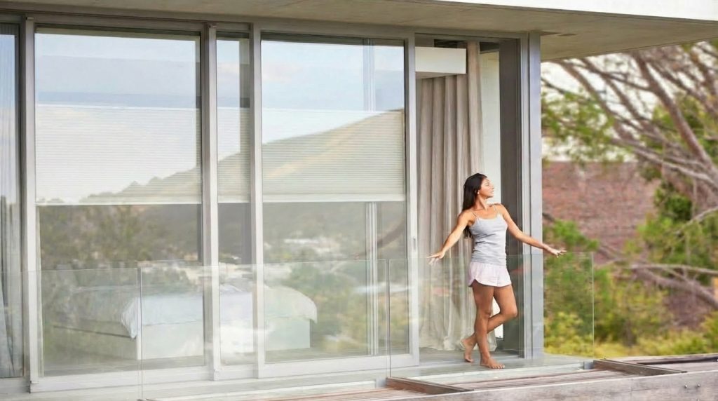 Kobieta w szarej koszulce i krótkich szortach stoi na balkonie, opierając się na szklanej balustradzie. Za nią znajduje się duże okno przesuwne z roletą plisowaną, częściowo opuszczoną, zakrywającą górną część okna.