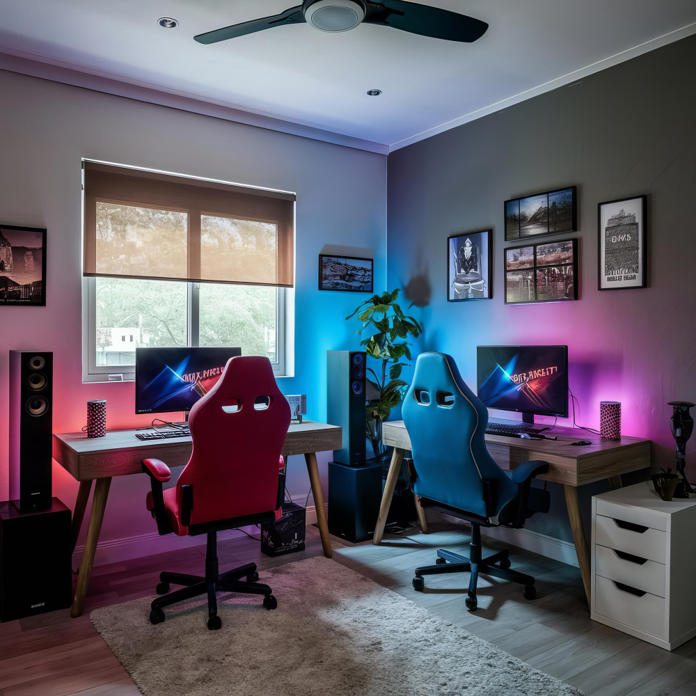 Pokój gamingowy z dwoma stanowiskami: drewniane biurka, dwa monitory z podświetleniem LED, czerwony i niebieski fotel gamingowy, głośniki po bokach. Przy oknie zamontowana roleta wewnętrzna Rzeszów.