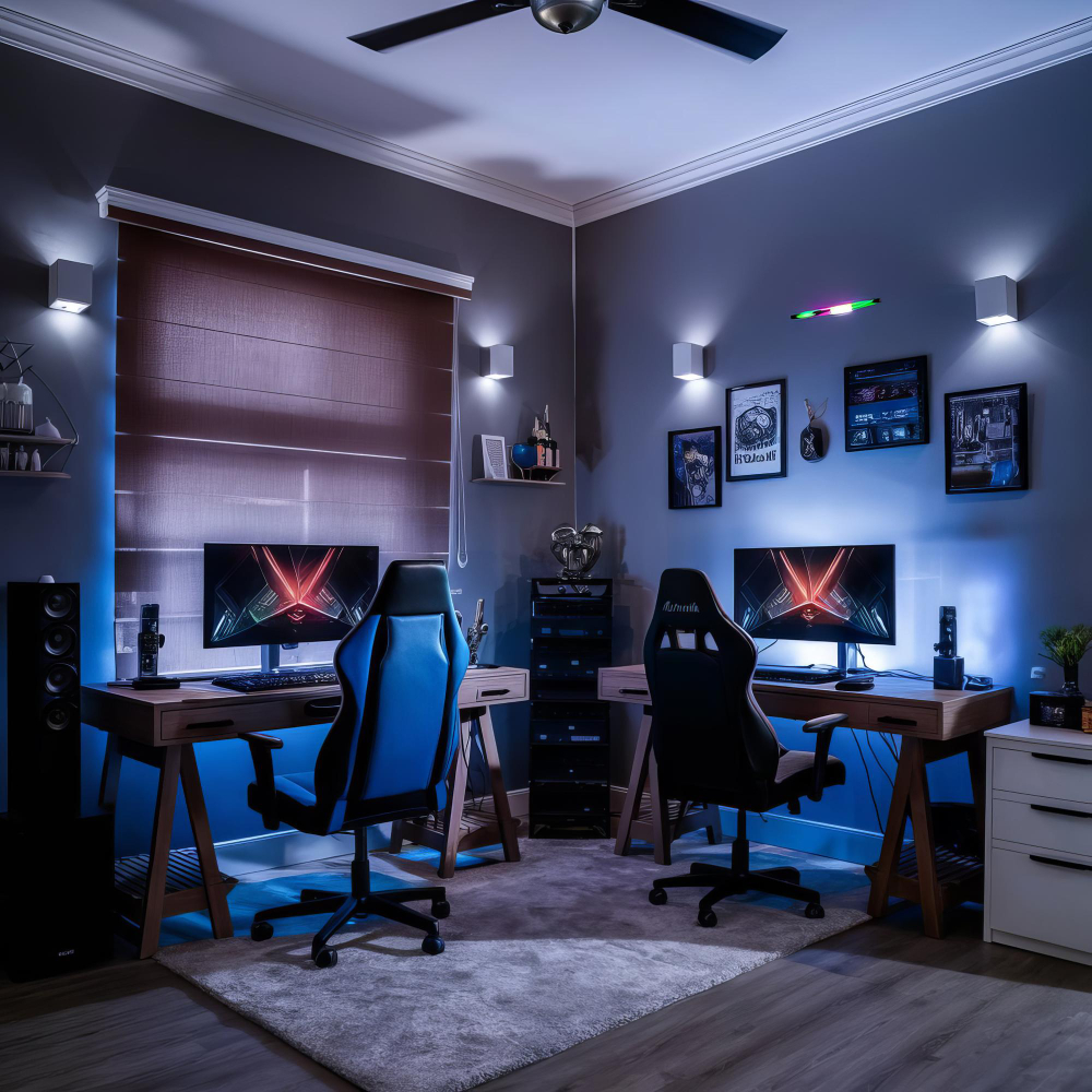 Nowoczesny pokój gamingowy z dwoma biurkami, dwa monitory z czerwono-niebieską grafiką, czarny i niebieski fotel gamingowy. W oknie duża roleta wewnętrzna opuszczona na całą wysokość.