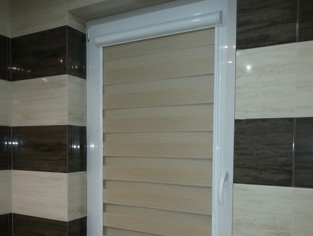 Okno w łazience z zamontowaną roletą dzień-noc w kasecie, wyposażoną w rolety z prowadnicami bocznymi, dopasowaną do białej ramy okiennej i płytek ściennych.